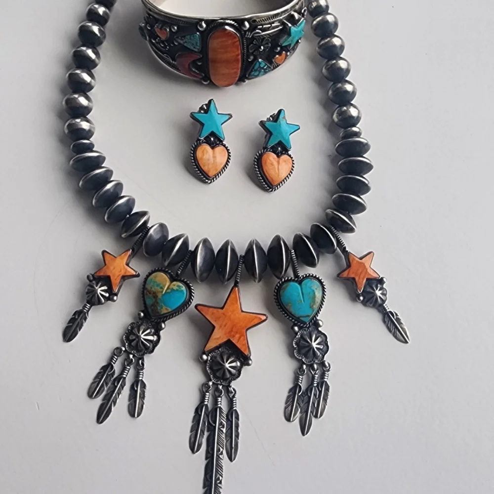 Navajo Made Sterling Silver & Turquoise Star & Heart Jewelry Set Bernyse Chavez - Picture 2 of 5
